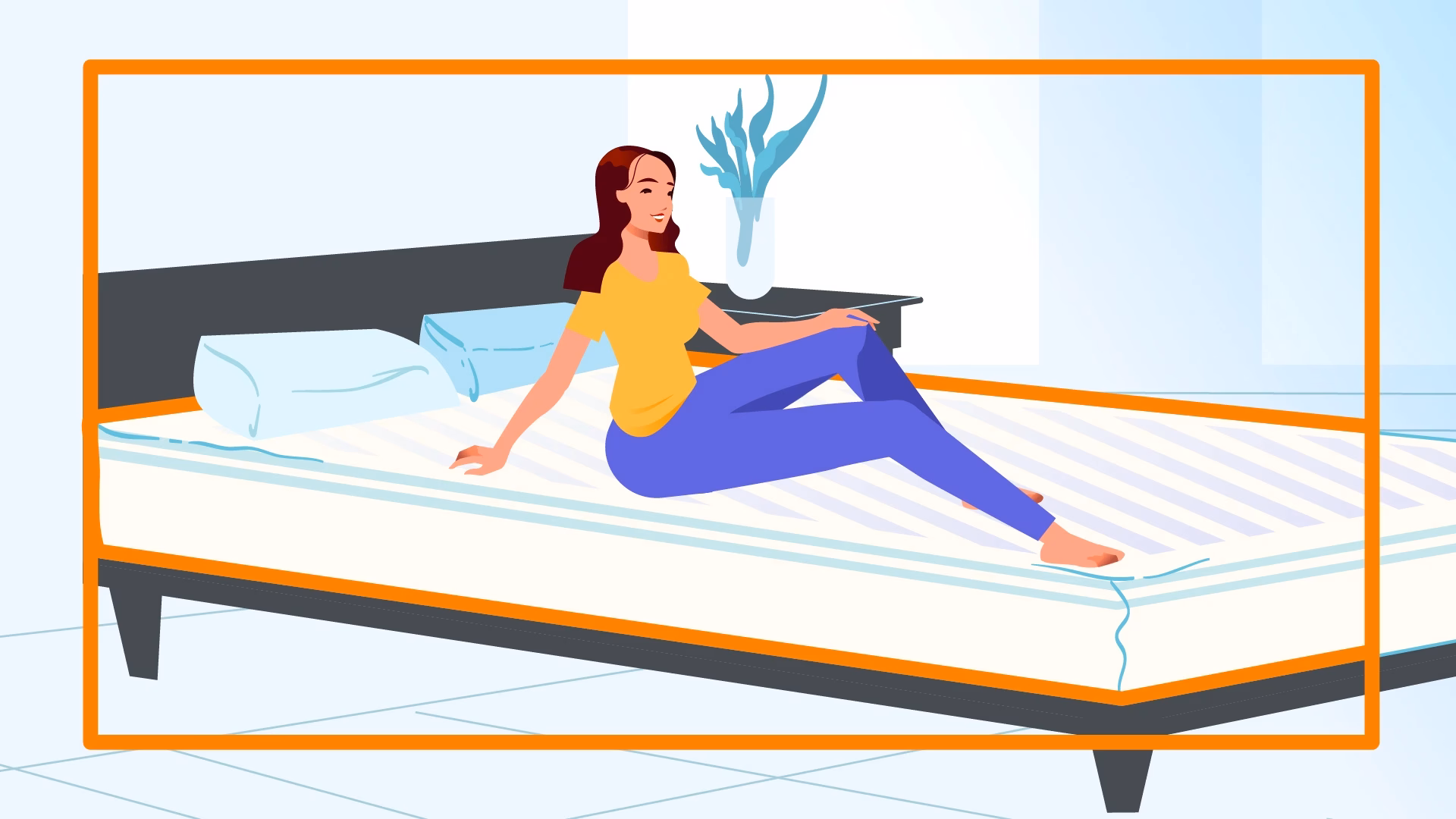 Woman in yellow shirt and blue pants smiling while sitting on a bed inside an orange frame.