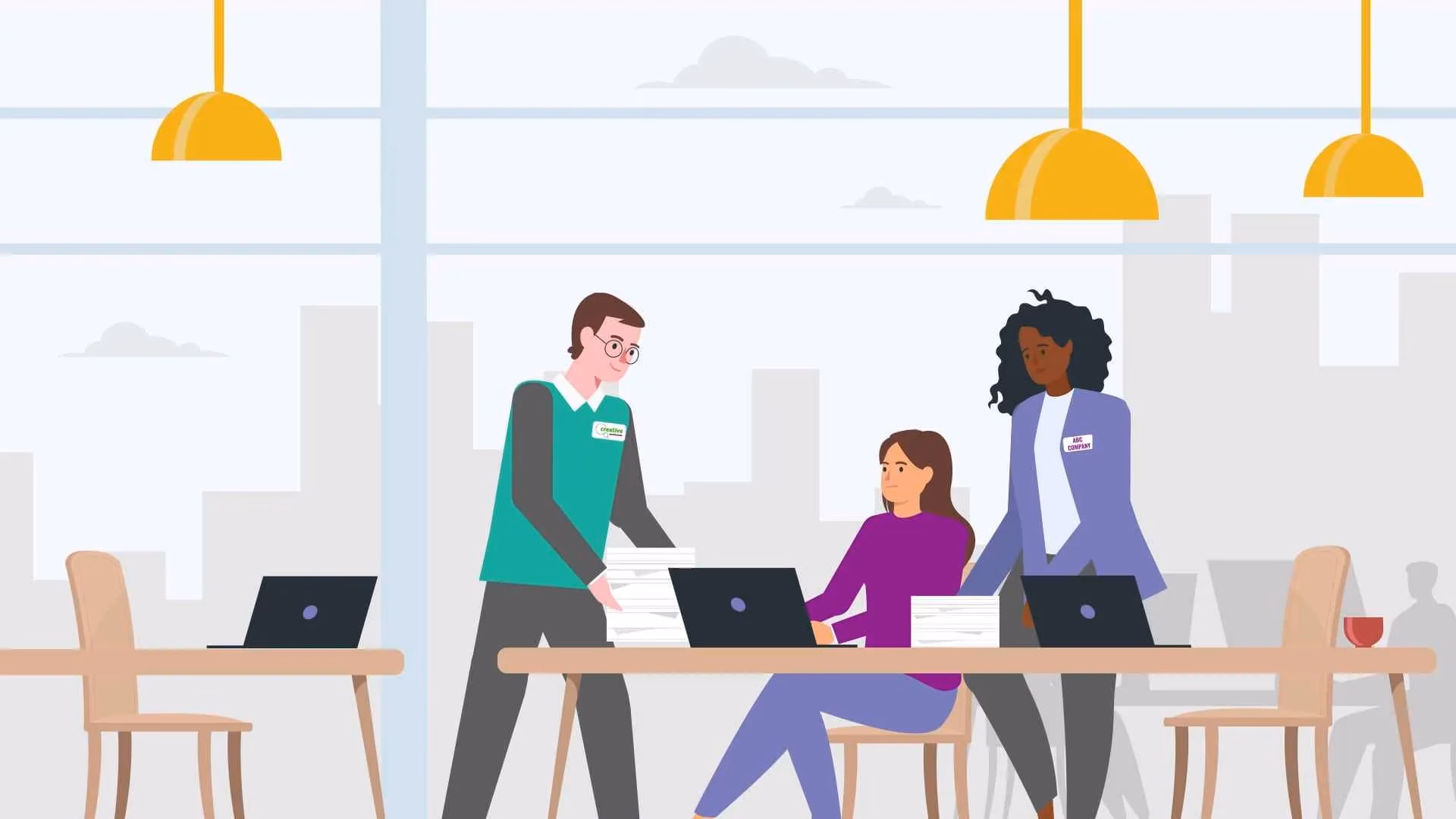 Animated scene about teamwork in a corporate environment