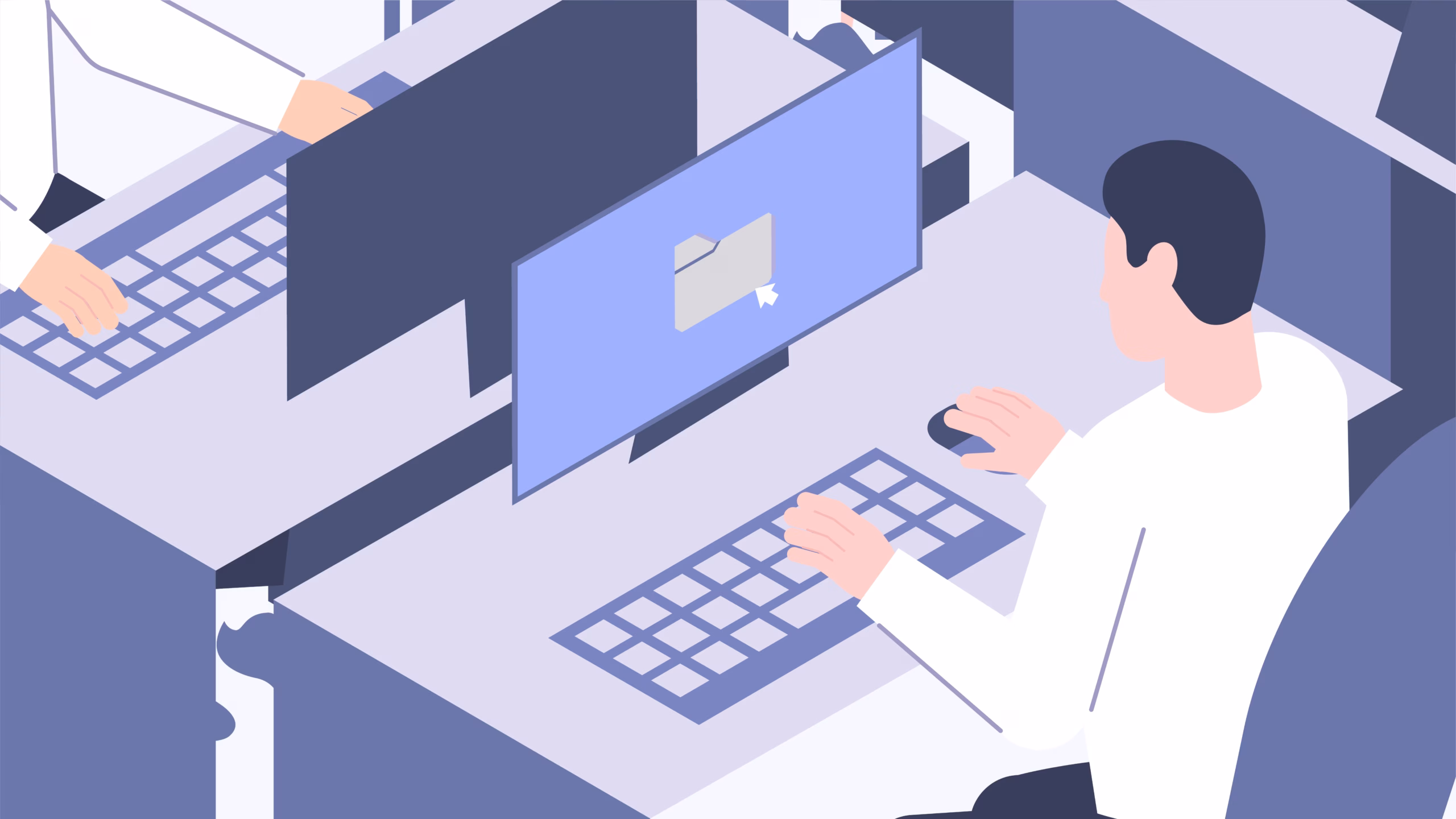 Person working on a computer at a desk in an office environment.