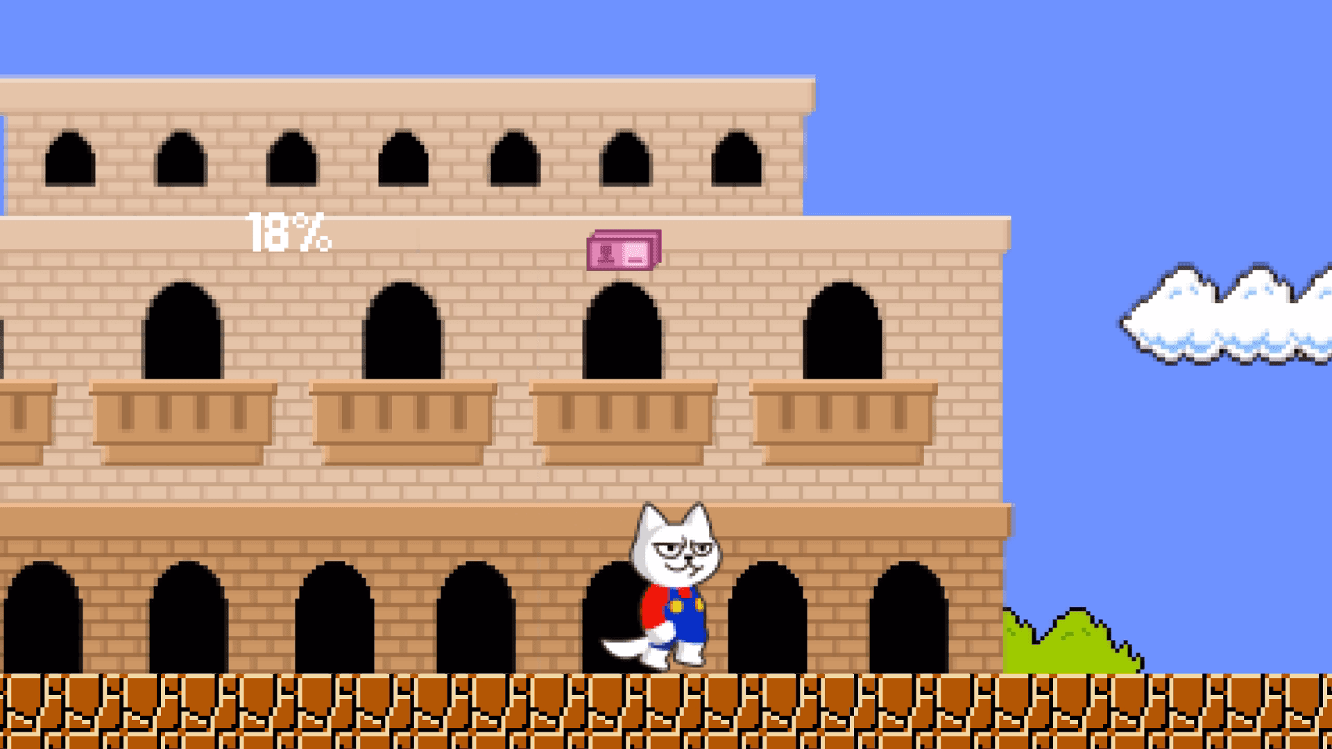White cat in a pixel world near a building with arches