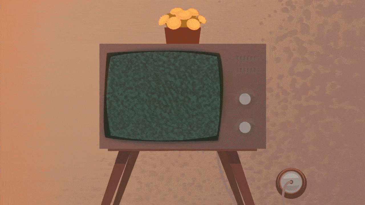 2D animation of an old TV with static noise, part of an animated explainer video.