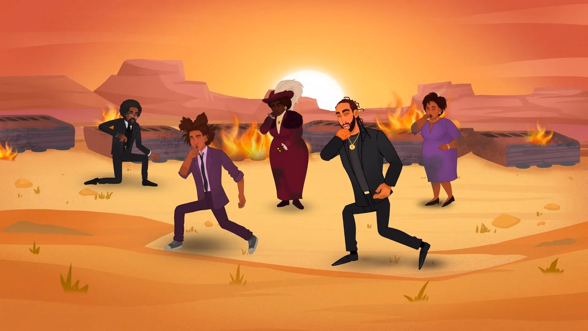 Animated characters running in desert scene - animation studio