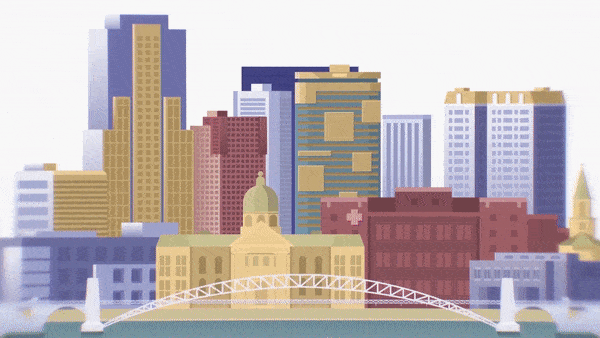 Animated cityscape with buildings and a bridge