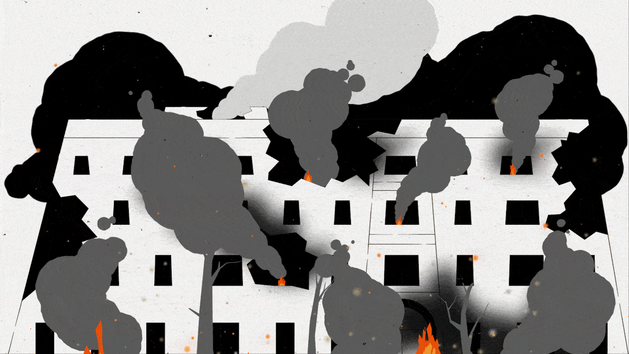 2D animated explainer video of a bombed-out building with smoke and fire, symbolizing war destruction and resilience.