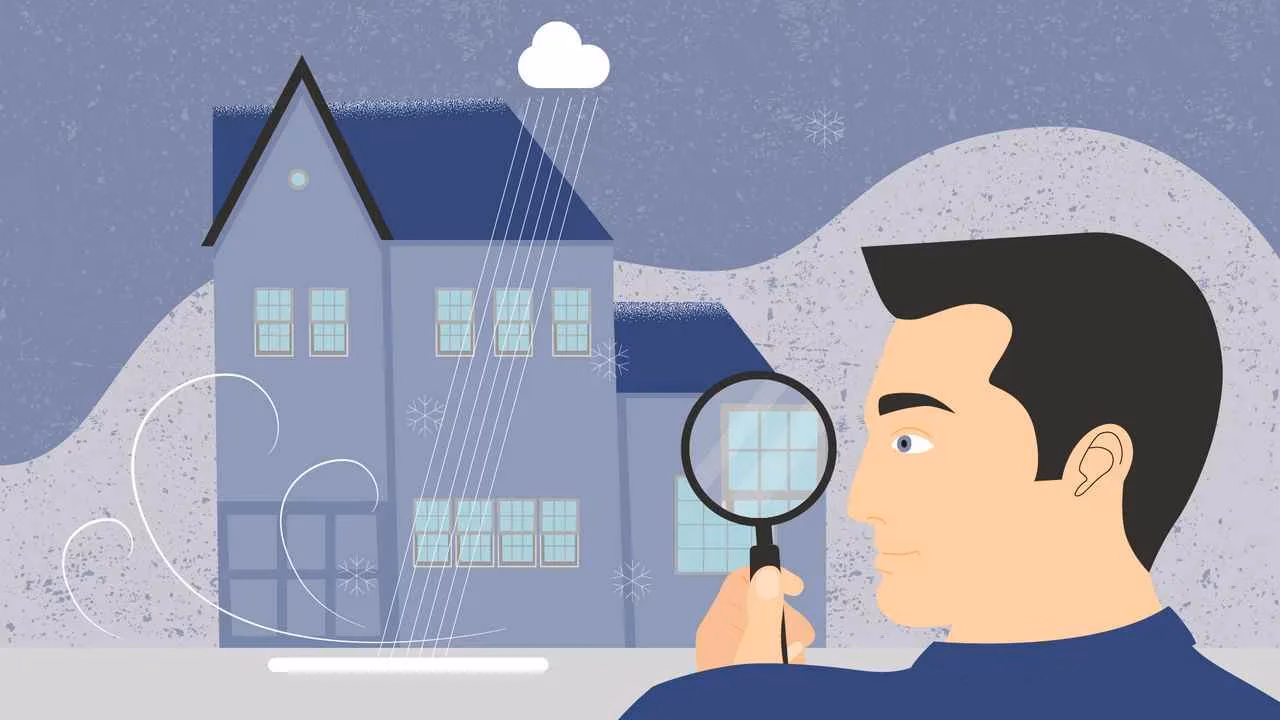 Inspector examining a building with a magnifying glass