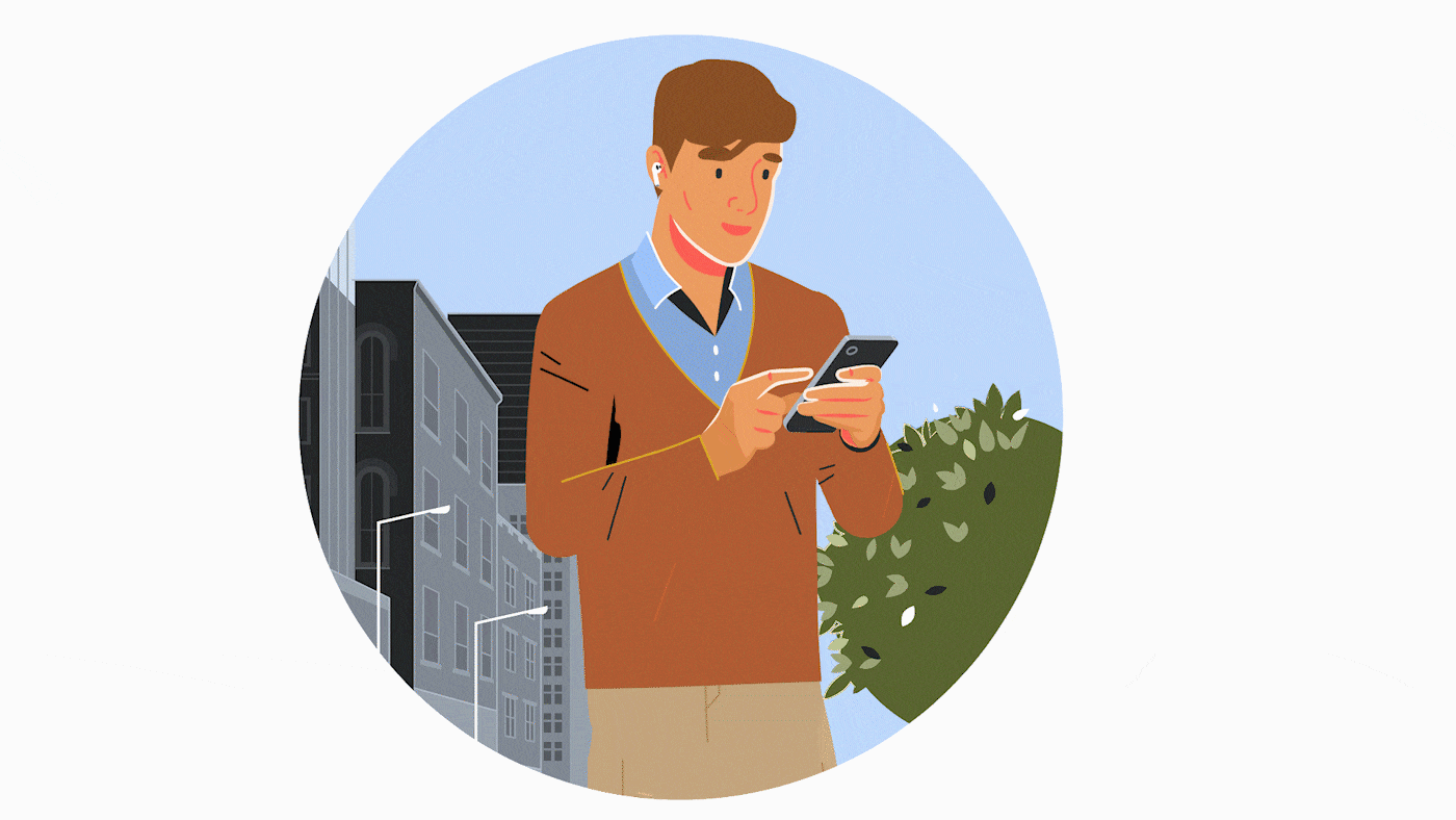 2D animation of a man engaging with a smartphone app