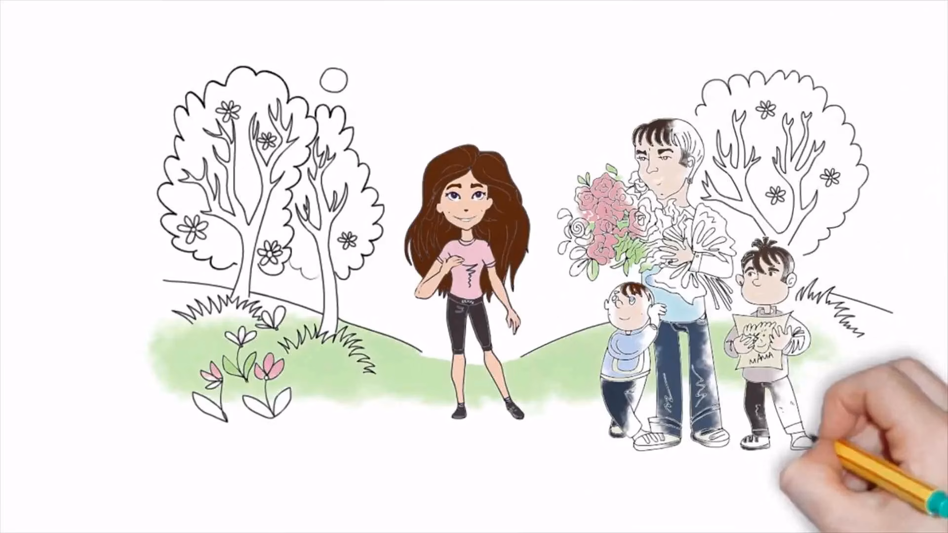 Partially colored animated scene, where the girl is in color, while the rest of the frame is drawn in black and white.