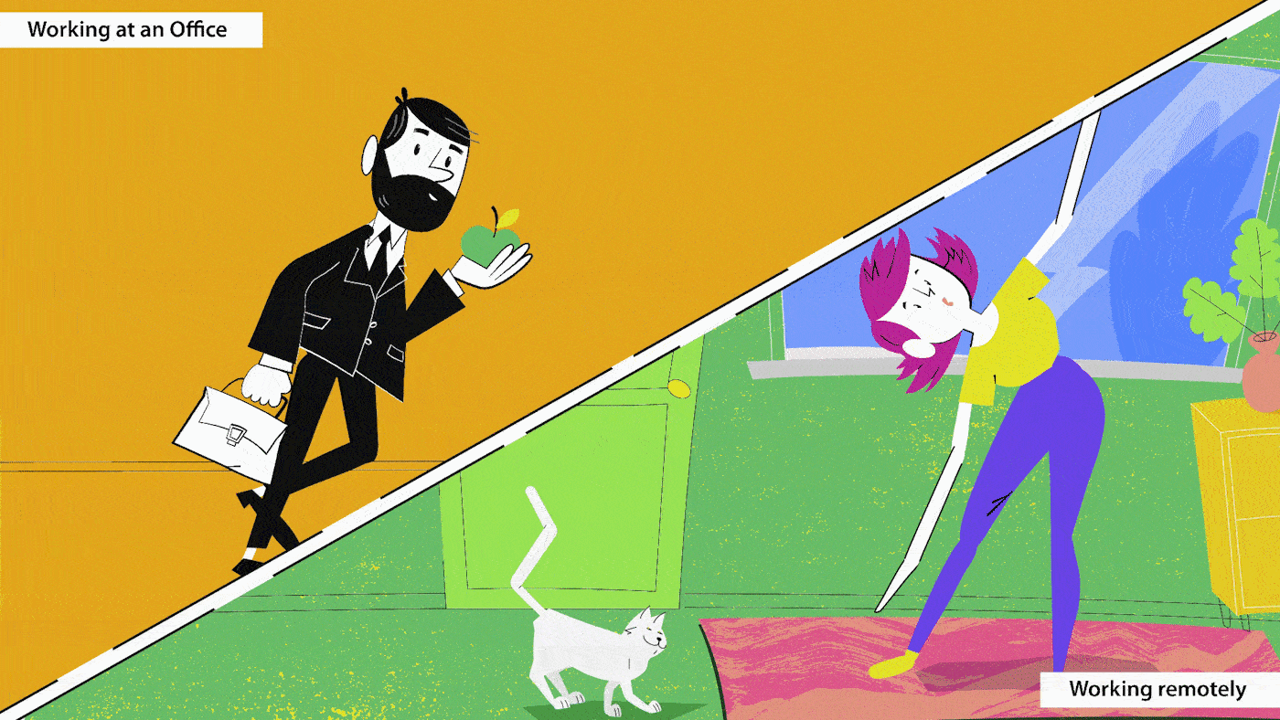 2D animated explainer video contrasting remote work and office work, showcasing animation for business flexibility and work-life balance.