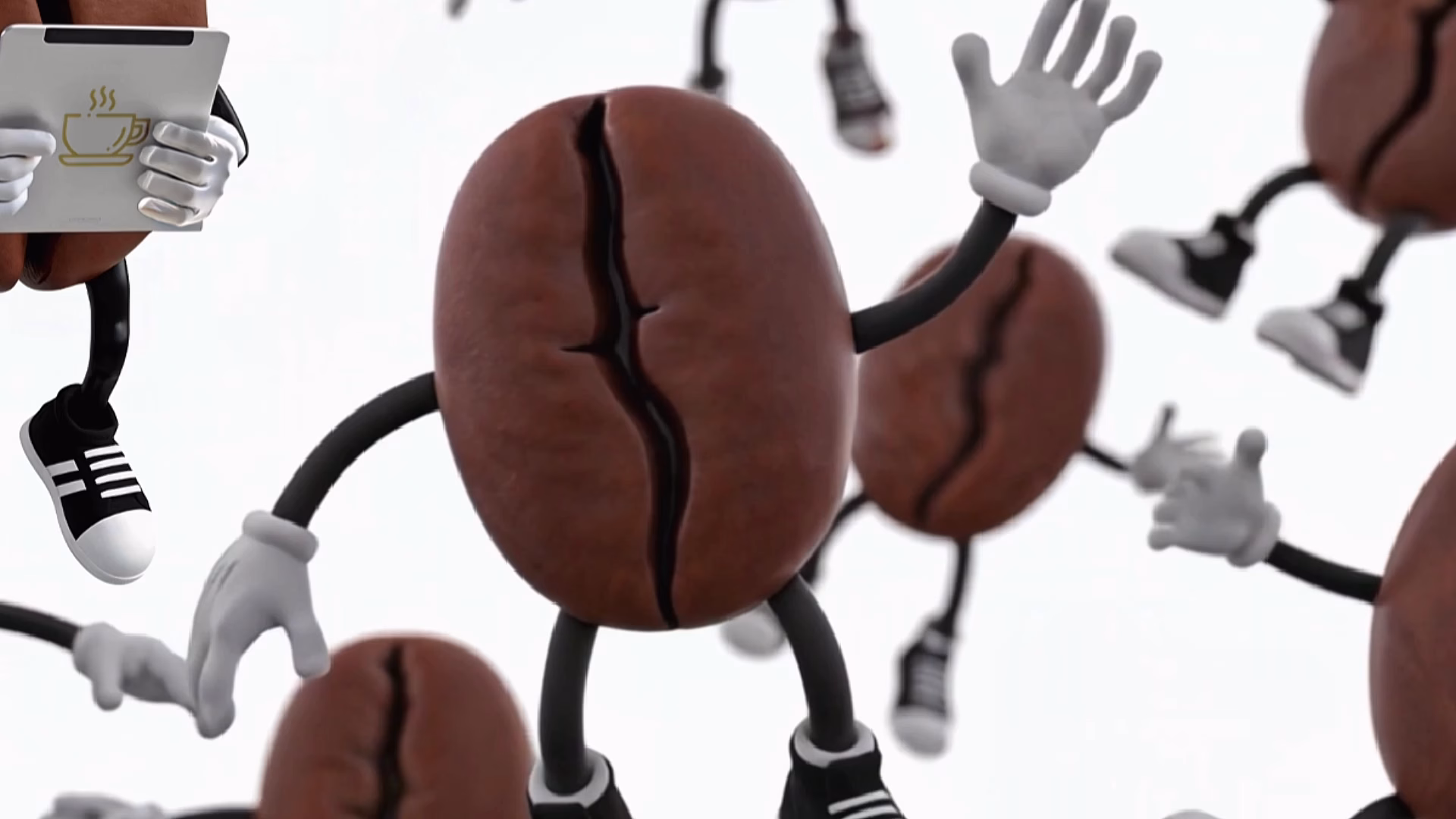 Dynamic 3D character animation featuring multiple coffee bean mascots in mid-action, showcasing expressive posing, overlapping motion, and playful crowd choreography.