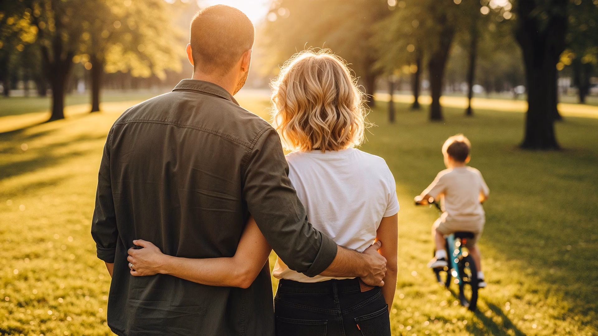 Wide establishing shot with natural rim light and atmospheric perspective, showing a family walk cycle while a child character rides forward, reinforcing narrative depth and scene continuity.