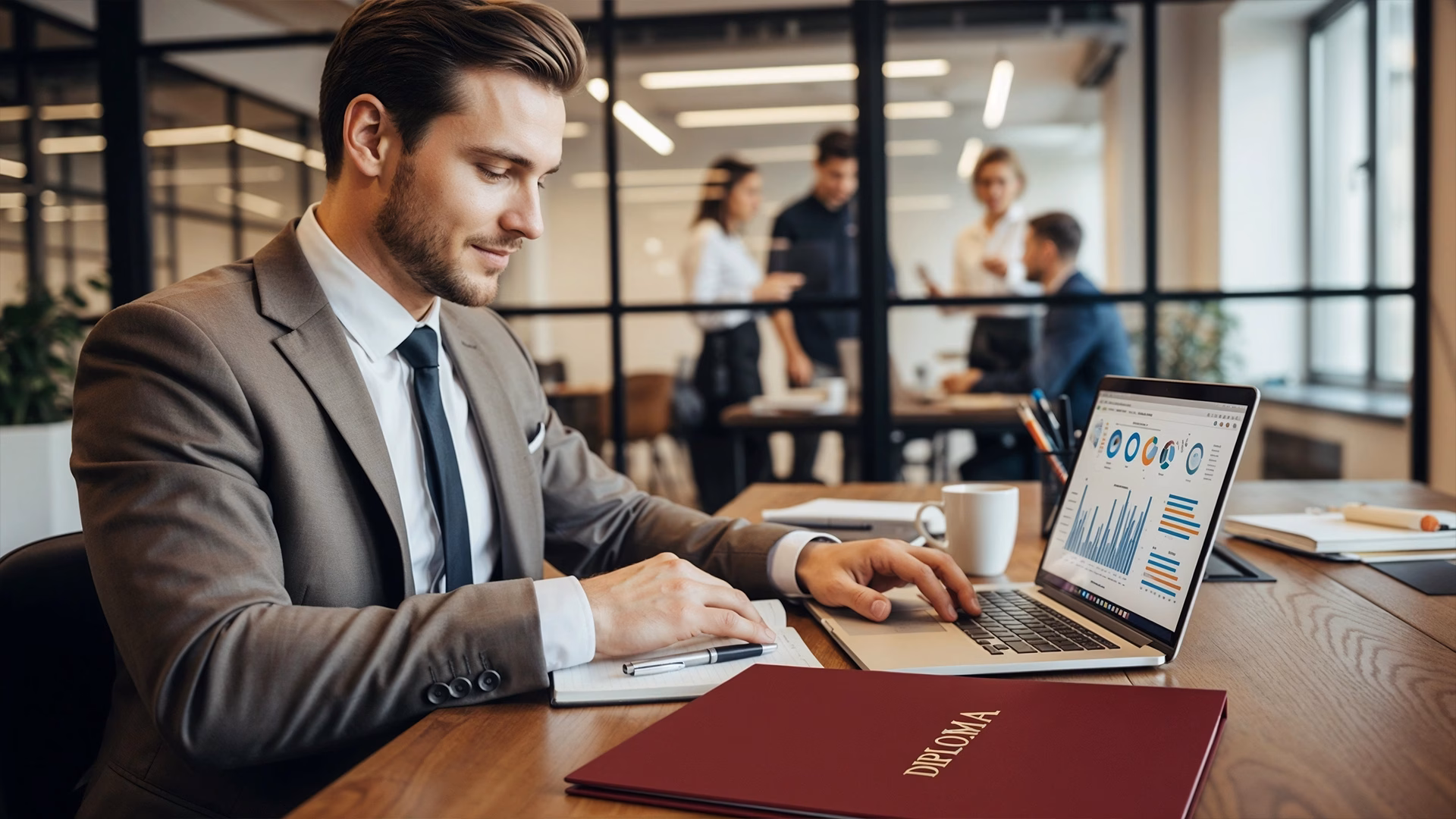 Clean medium shot in a modern office environment, featuring a focused character interacting with data-driven UI elements, using balanced composition and shallow depth of field.
