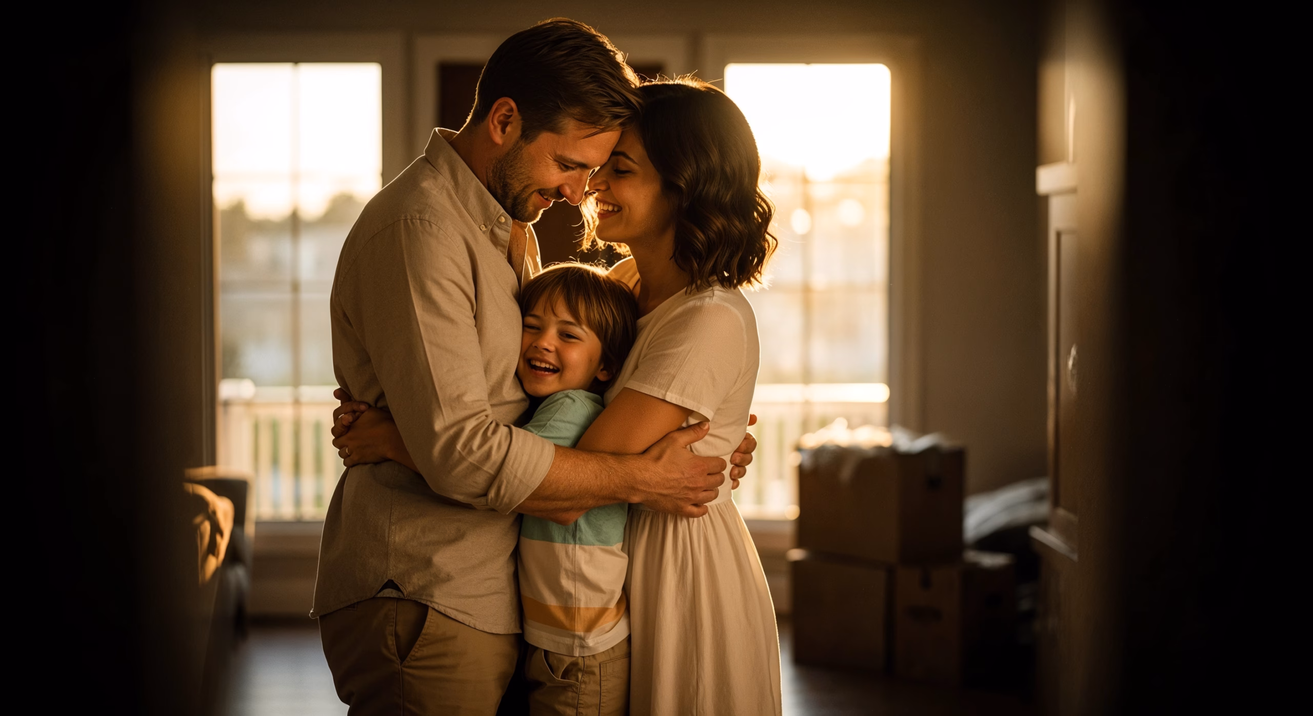 Warm emotional group shot with layered character blocking and golden-hour lighting, creating depth through overlapping silhouettes and soft rim light.